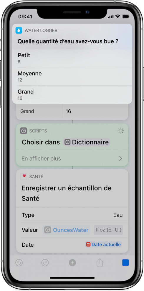 Action Choisir dans la liste après un élément de dictionnaire dans un raccourci en cours d’exécution.