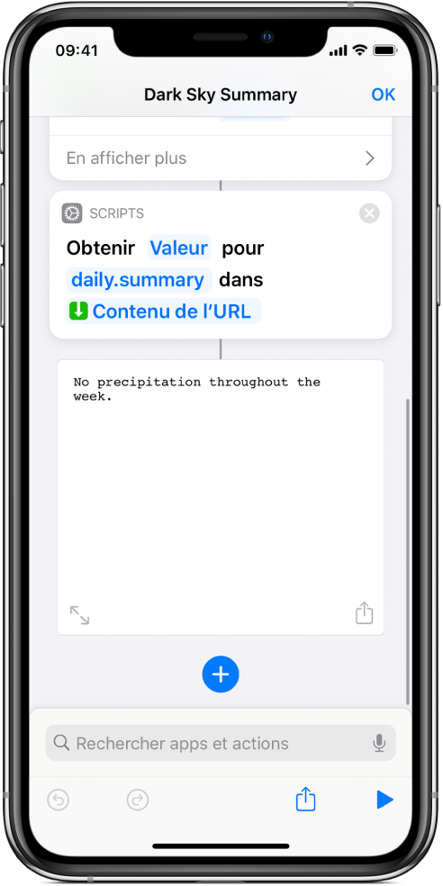 Action Obtenir la valeur du dictionnaire dans l’éditeur de raccourci avec la clé définie sur « summary ».