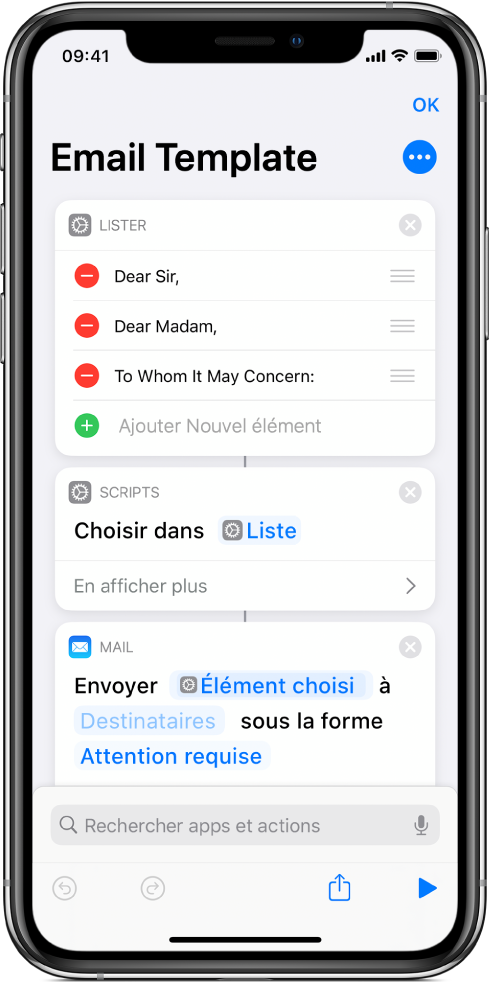 Action Liste pour les formules de politesse.