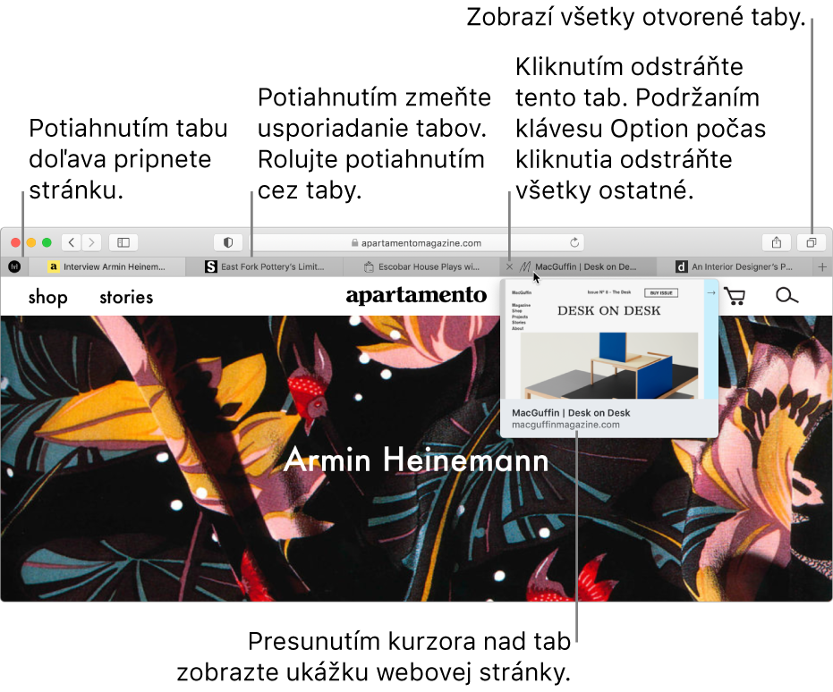 Okno Safari s niekoľkými otvorenými tabmi a kurzorom na tabe so zobrazením náhľadu webovej stránky.