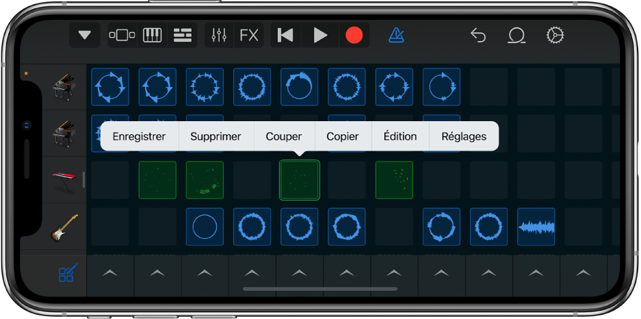 Illustration. Grille Live Loops avec la modification de cellules activée.