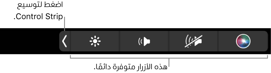جزء من الشاشة الافتراضية لـ Touch Bar، ويظهر به الـ Control Strip المطوي. اضغط على زر التوسيع لعرض الـ Control Strip بالكامل.