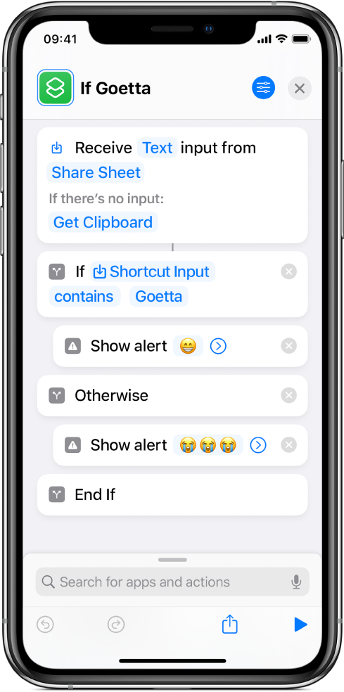 Example shortcut with "If" actions.