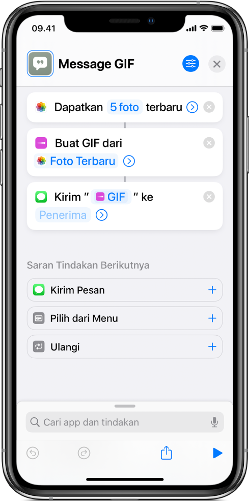 Editor pintasan menampilkan tindakan yang digunakan untuk mengirimkan pesan dengan foto sebagai animasi GIF.