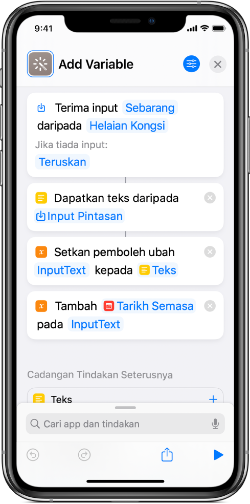 Setkan tindakan Pemboleh Ubah dan Tambah ke Pemboleh Ubah dalam editor pintasan.