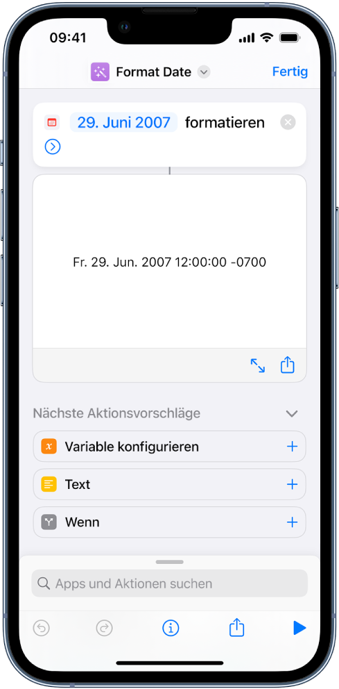 Der Kurzbefehleditor mit der Ausgabe (ein Bild) eines beendeten Kurzbefehls.