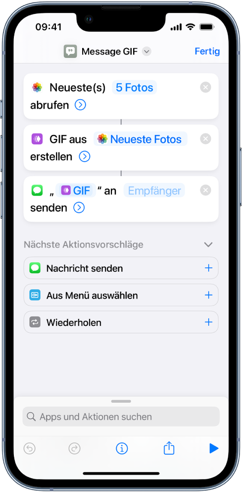 Der Kurzbefehleditor mit der Liste der Aktionen in einem Kurzbefehl.