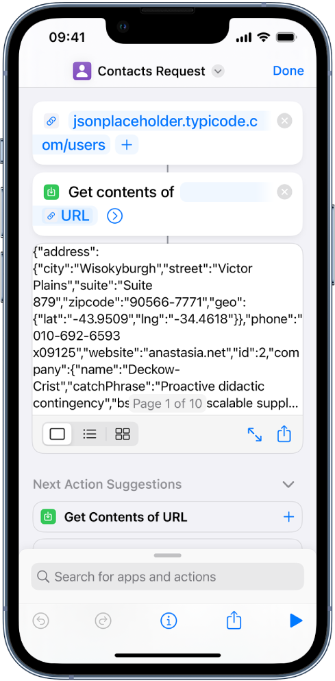 Results of the Typicode API request shortcut, showing a list of users.