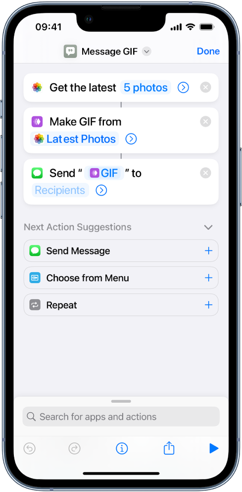 Shortcut editor showing the sequence of actions in a shortcut.