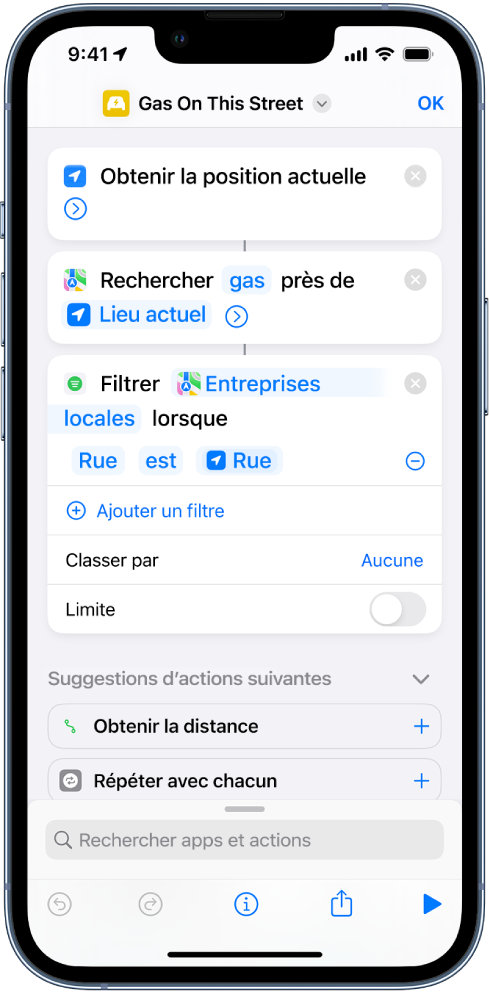 Action « Filtrer les lieux où » dans l’éditeur de raccourcis.