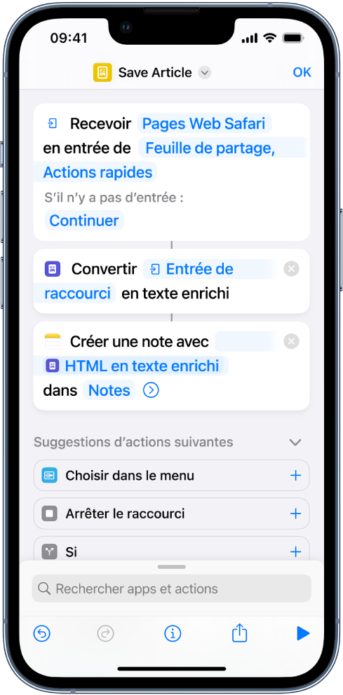 Actions qui s’affichent dans l’éditeur de raccourcis.
