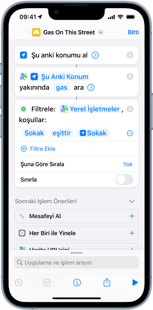 Kestirme düzenleyicide Konumları Filtrele Nerede işlemi.
