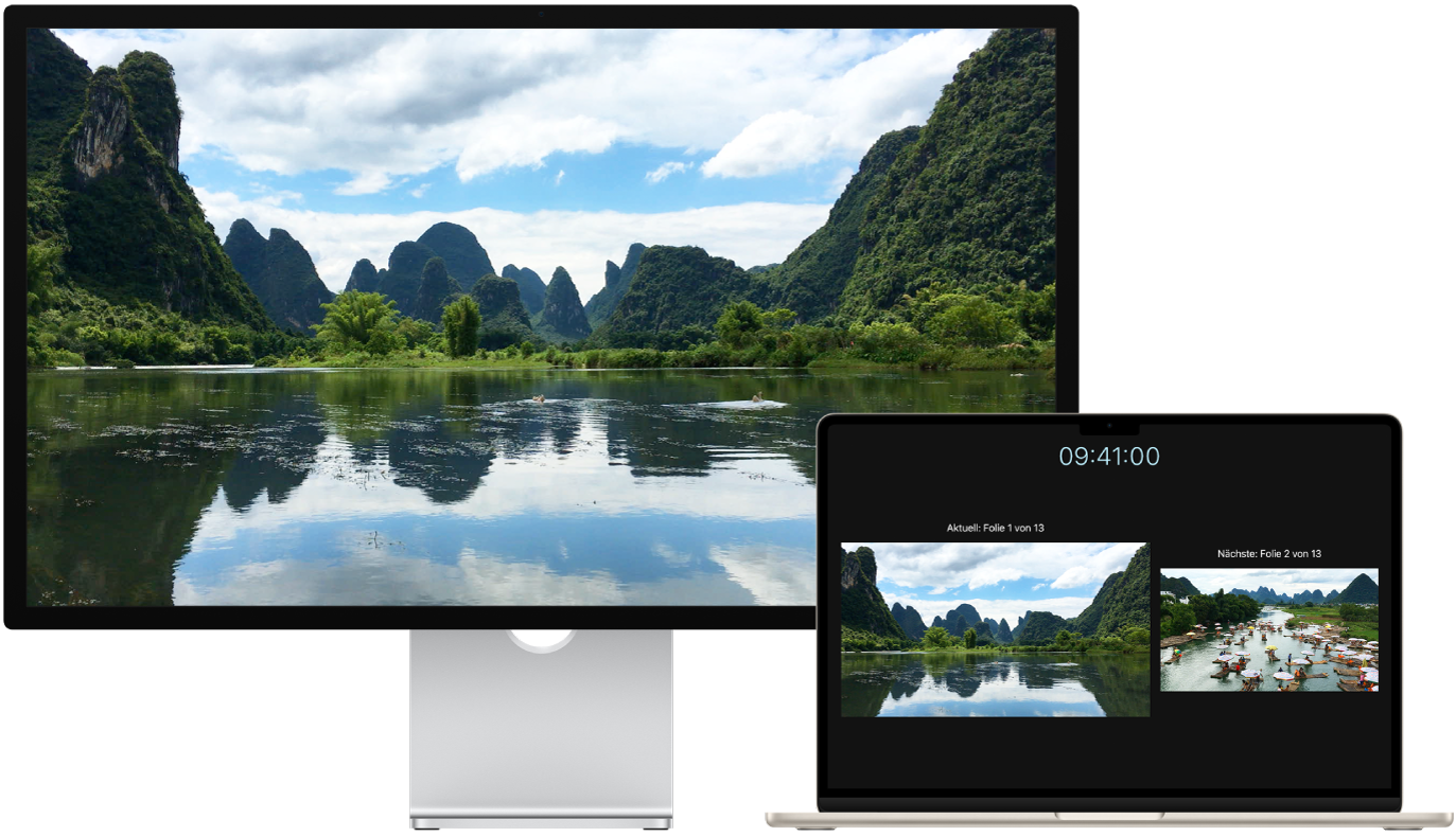 MacBook Air neben einem Studio Display, das als externer Bildschirm verwendet wird.