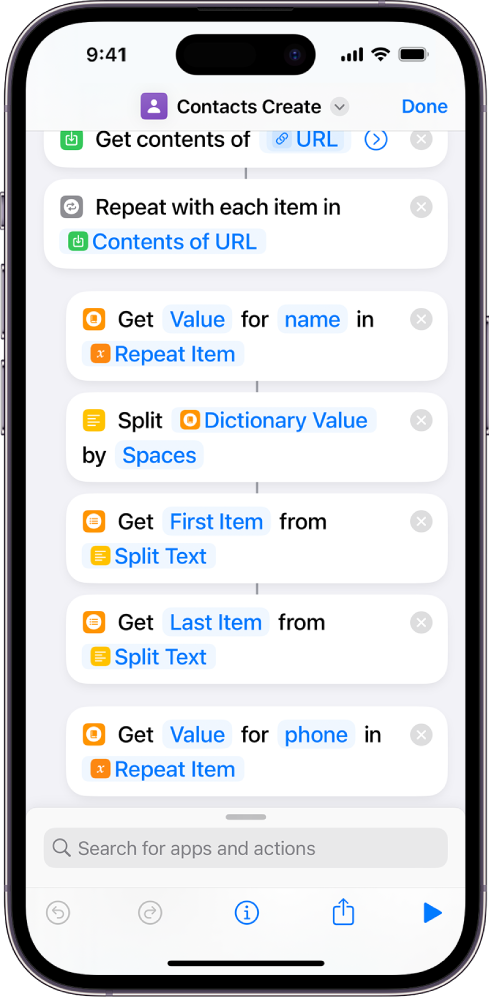 Raccourci affichant les actions « Scinder le texte ».