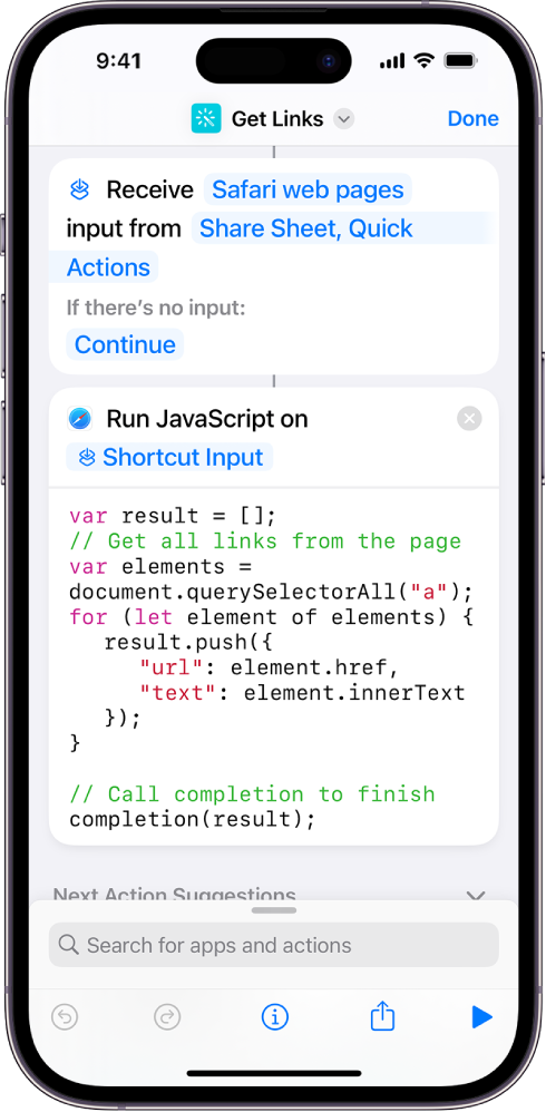 Дія «Запустити JavaScript на вебсторінці» в редакторі швидкої команди.