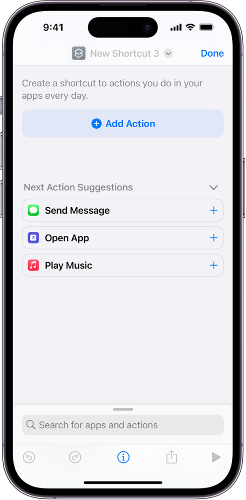 iPhone 上的空快捷指令编辑器。