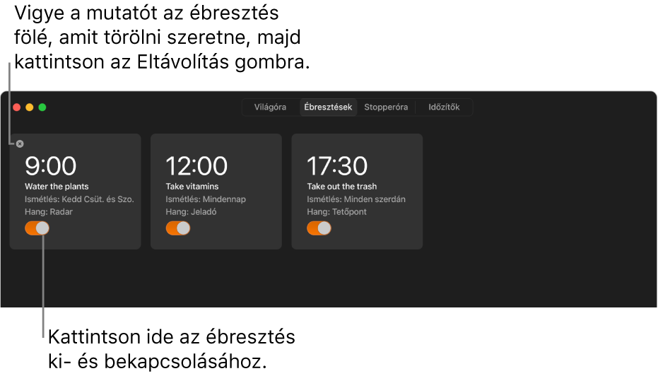 Három jelzés különböző időpontokkal. Mindegyik jelzés rendelkezik egy kapcsolóval a be- és kikapcsolásához, illetve egy egyedi címkével, hanggal és ismétlési ütemezéssel.