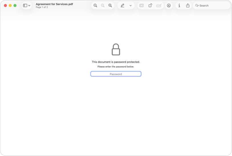 パスワードで保護されているPDF。カギのアイコンと、ファイルを開くためのパスワードを入力するテキストフィールドが表示されています。