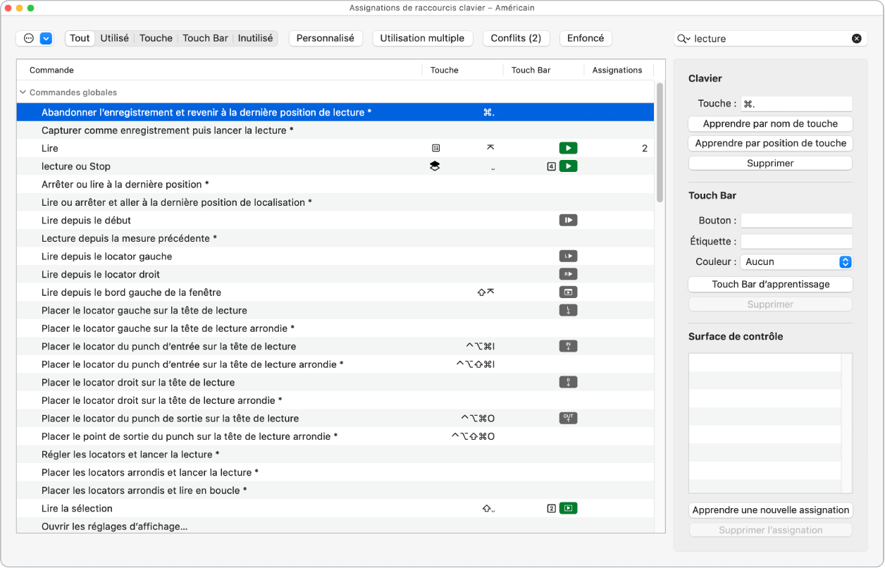 Figure. Suppression d’une assignation de raccourci clavier :