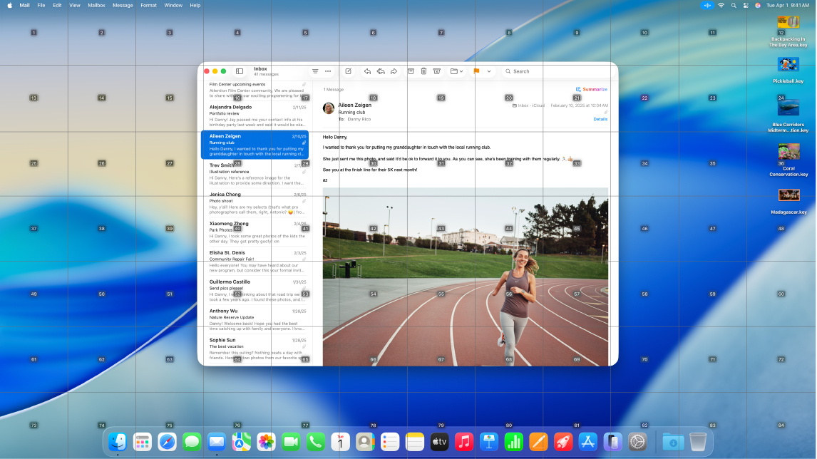 O app Mail aberto na Mesa com a sobreposição de grade.