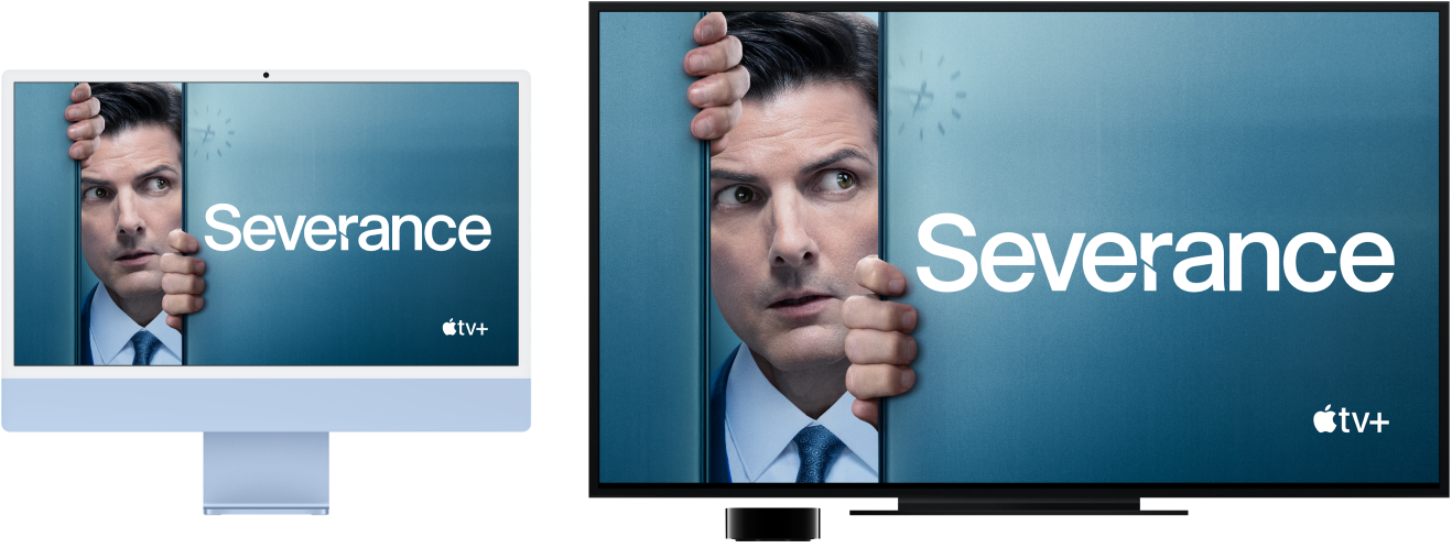 An iMac with its content mirrored on a large HDTV using an Apple TV.