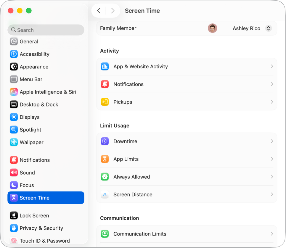 La fenêtre « Temps d’écran » affichant les options « Activité dans les apps et sur les sites web », Notifications et Activations, ainsi que les options permettant de gérer « Temps d’écran », comme la programmation d’un temps d’arrêt, la configuration de limites d’app et de communication, et plus encore.