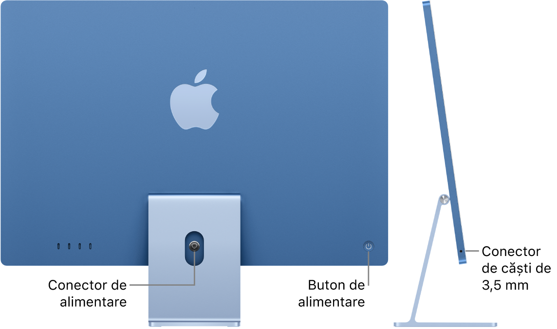 Vedere din spate a iMac‑ului prezentând conectorul de alimentare și butonul de alimentare. Alături este o vedere din lateral, prezentând mufa jack pentru căști audio.