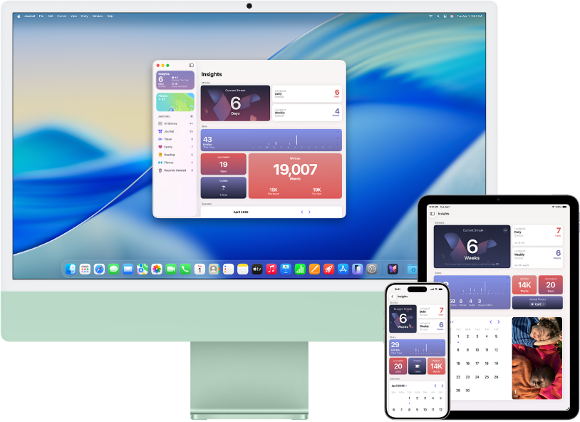 iMac поруч із різними пристроями, які мають доступ до одного й того ж вмісту в iCloud.