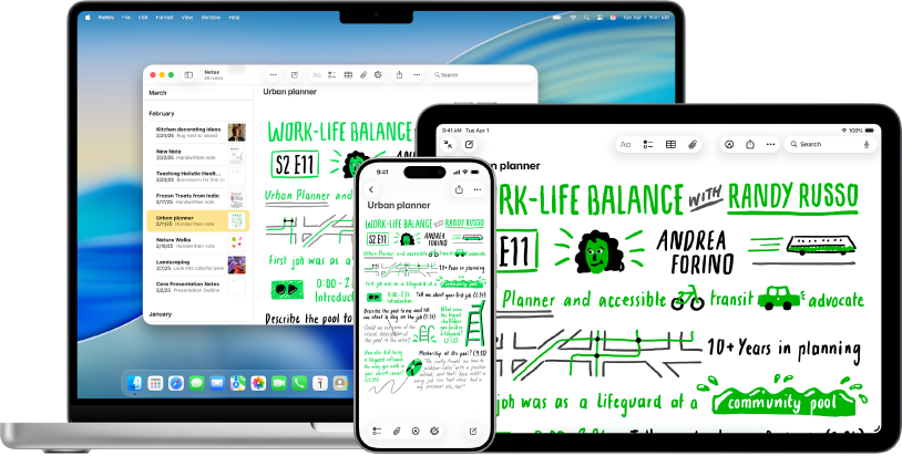 모두 iCloud에서 동일한 메모를 표시하는 Mac, iPhone 및 iPad의 메모 앱 윈도우.
