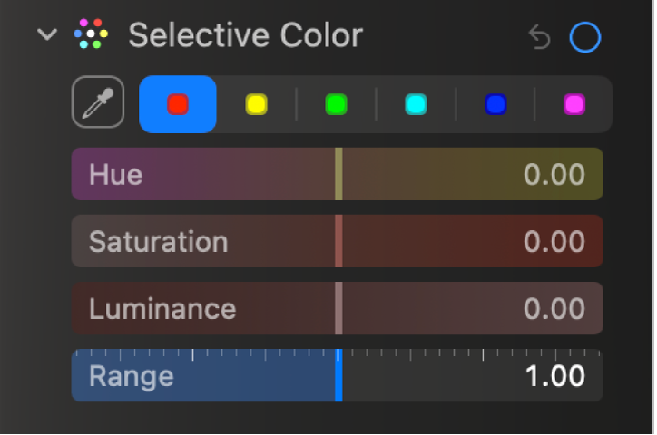 The Selective Colour controls in the Adjust pane, showing the Hue, Saturation, Luminance and Range sliders.