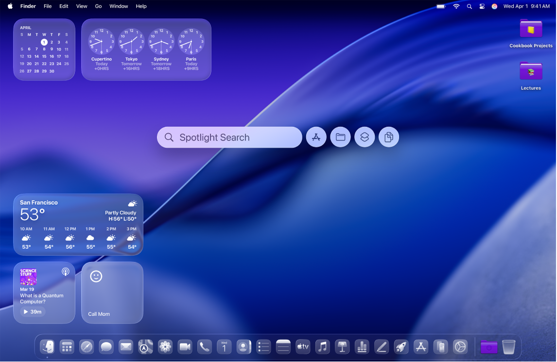 سطح مكتب Mac مع أيقونات وأدوات ومجلدات مخصصة والباحث مفتوح.