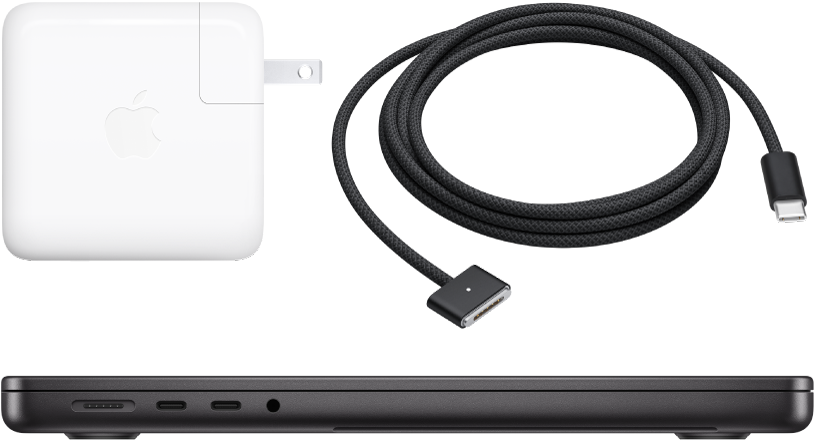 منظر جانبي لـ MacBook Pro مع محول الطاقة وكبل الشحن.