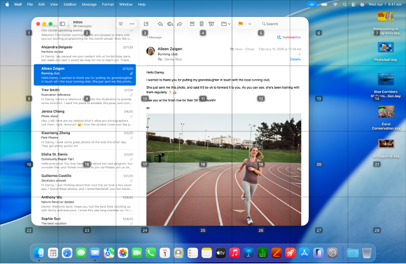 De geopende Mail-app op het bureaublad van de Mac met een raster eroverheen. Elke cel in het raster heeft een nummer.