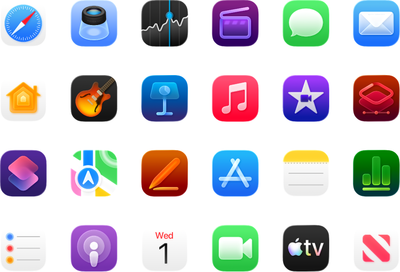 Symbolen van apps die bij je MacBook Pro zijn meegeleverd of daarvoor beschikbaar zijn.