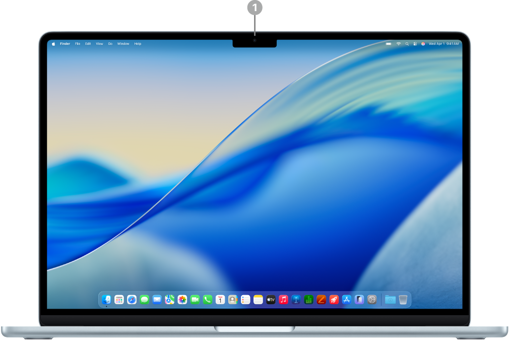 已掀起螢幕 MacBook Air 正面,顯示 12MP Center Stage 相機。