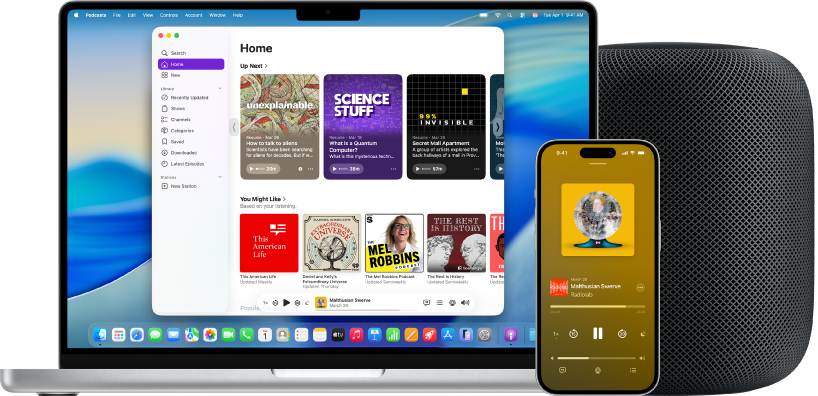 Aplicația Podcasturi pe un Mac și pe un iPhone, cu un HomePod în fundal.