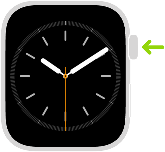 رسم توضيحي لـ Apple Watch مع سهم يشير إلى التاج الرقمي الموجود في أعلى الجانب الأيمن.