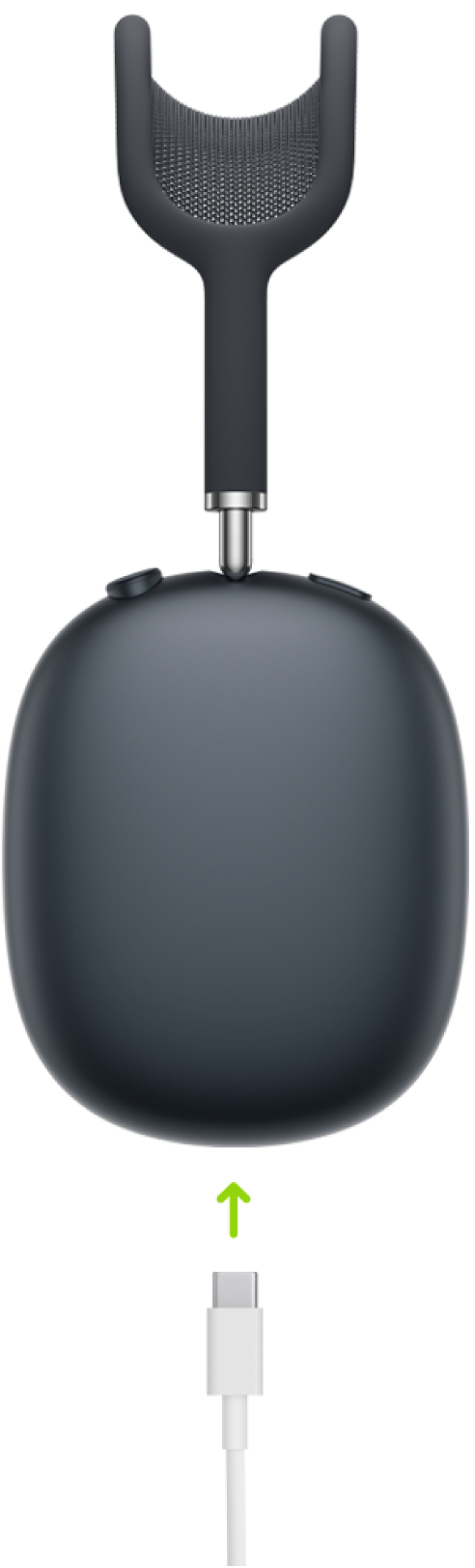 Ein USB-C-Ladekabel wird unten am rechten Ohrhörer der AirPods Max 2 angeschlossen.