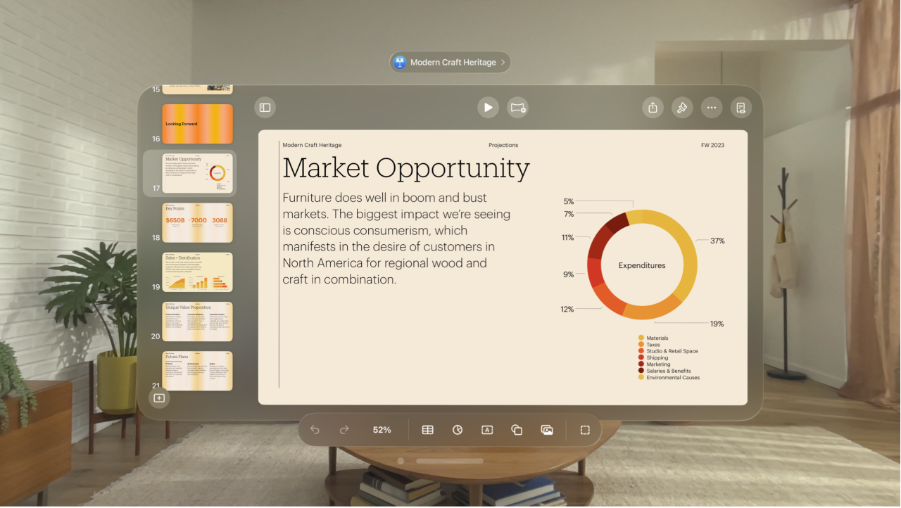 The Keynote app on Apple Vision Pro, showing a chart with a legend.