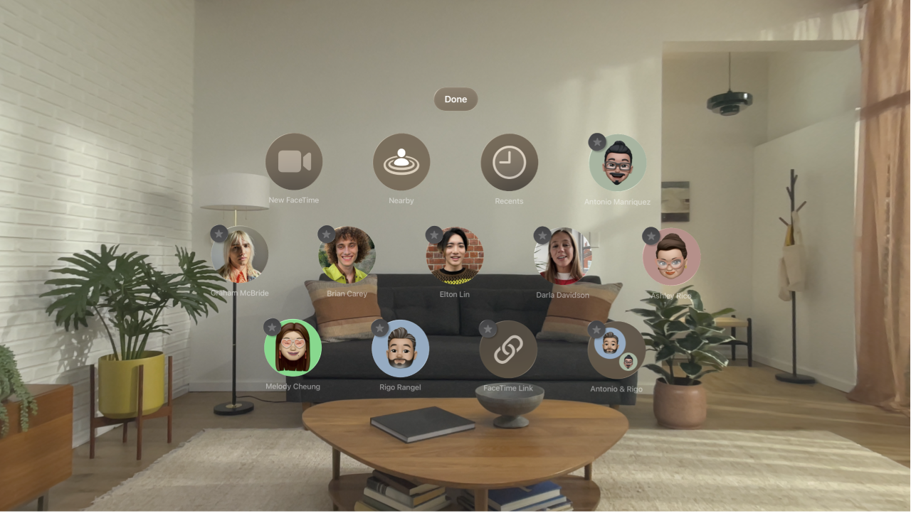 People View on Apple Vision Pro. Gray star icons are visible on the corner of each contact to show that they can be pinned to the top of People View.