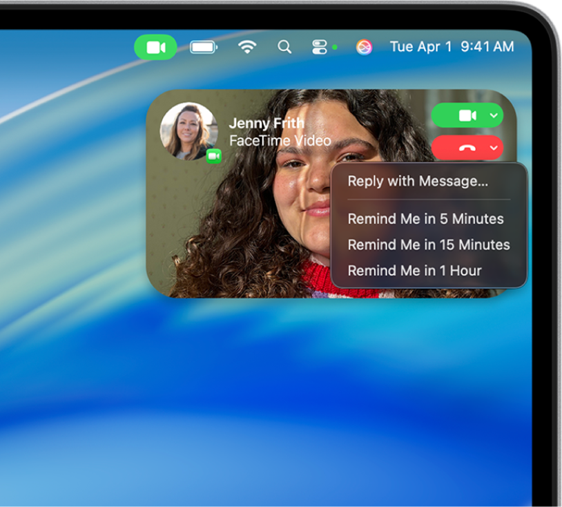 Una notificació de trucada entrant del FaceTime amb els botons de respondre i refusar i les opcions per refusar la trucada.