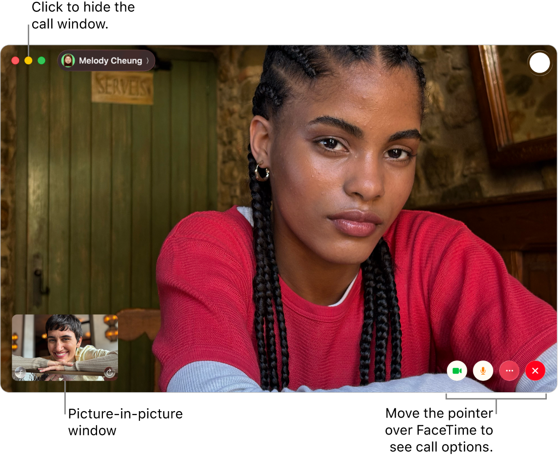 Move the pointer over the FaceTime window to see the Sidebar, Camera, Mute, Screen Share, End Call, and Live Photo buttons. Click the middle button in the top-left corner to hide the call window. The picture-in-picture window appears in the bottom-left corner.