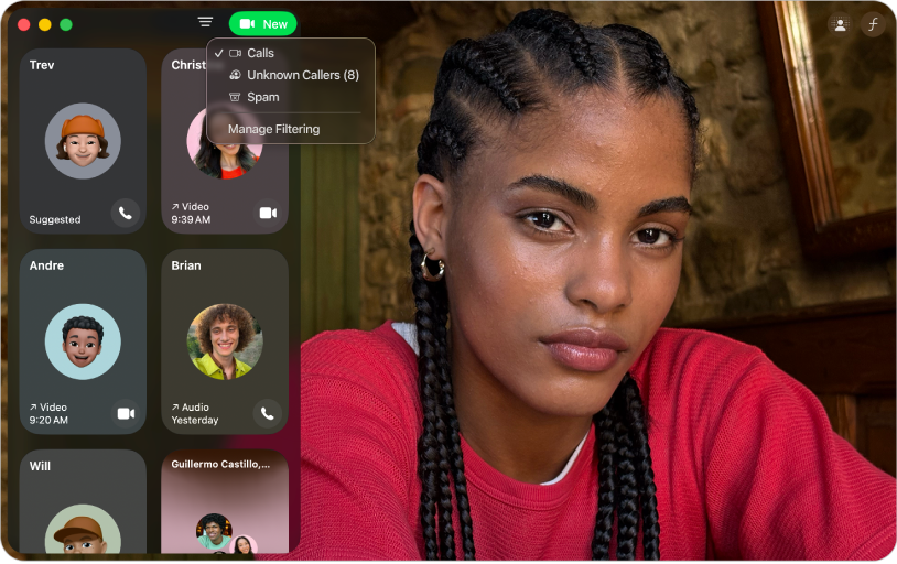 Une fenêtre FaceTime affichant l’historique des appels. Le menu de filtrage des appels est ouvert en haut au centre.