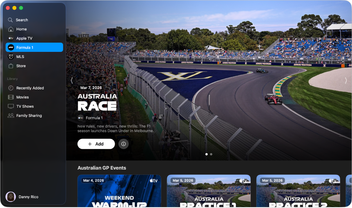 The Apple TV app with Formula 1 open.
