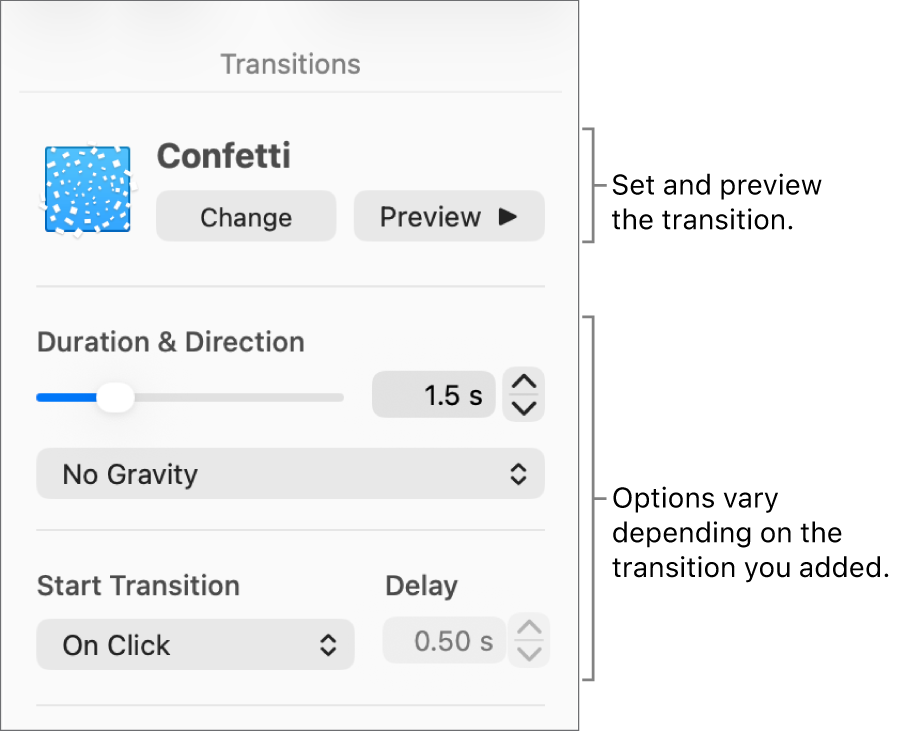 Transition controls in Transitions section of the sidebar.