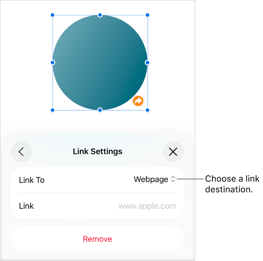 The Link Settings controls with Web Page selected, and the Remove button at the bottom.