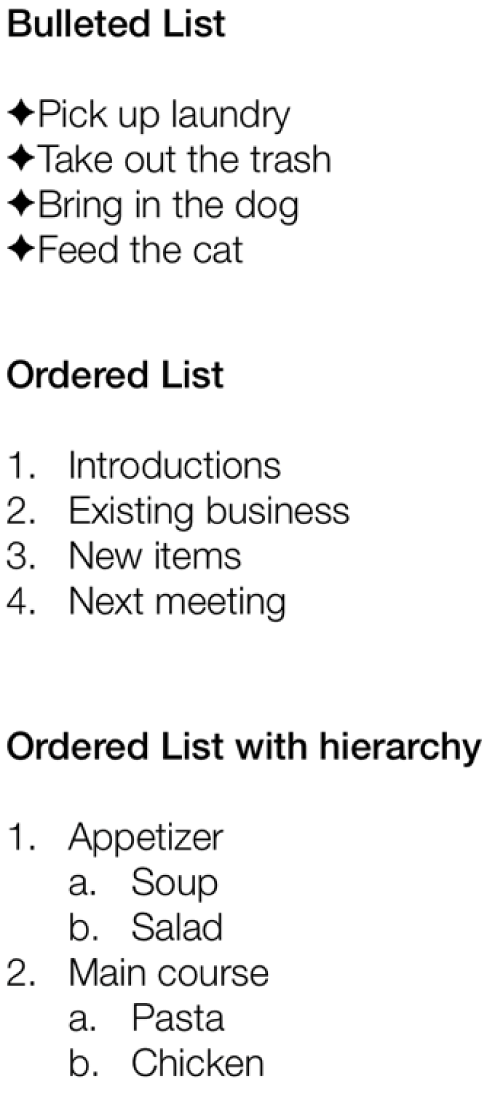 Examples of bulleted, ordered and hierarchical lists.