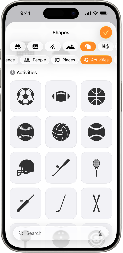The Insert menu with buttons across the top to add tables, charts, shapes, and media. Shapes is selected and its menu shows a row of categories with a Search button on the left. The category Activities is selected and shapes appear below.