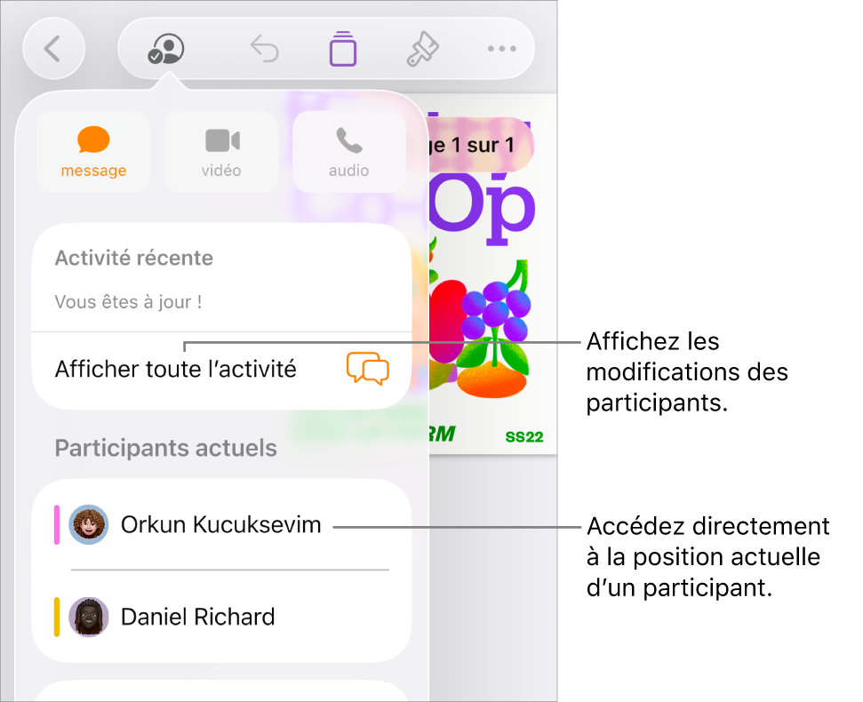 Le menu de collaboration répertoriant les participants actifs.