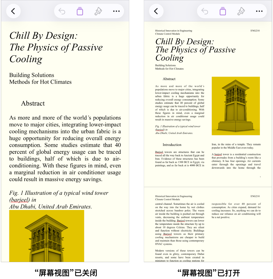 同一 Pages 文稿的两种视图,一种打开“屏幕视图”,另一种关闭“屏幕视图”。在“屏幕视图”打开的版本中,文本大小会根据屏幕调整,分页符和页眉会隐藏。